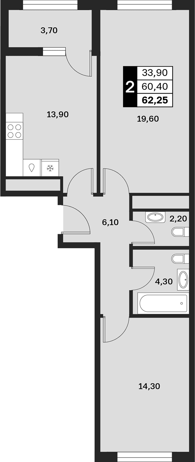 Продается 2-комн. квартира, 60.4 м²
