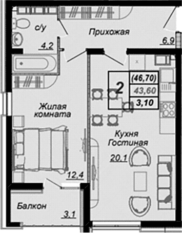 Продается 1-комн. квартира, 41.6 м²