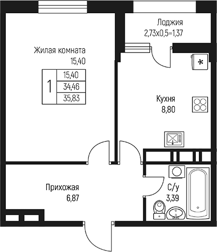 Продается 1-комн. квартира, 34.46 м²