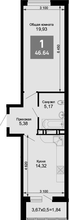 Продается 1-комн. квартира, 44.8 м²