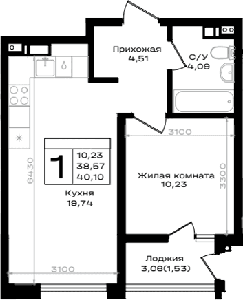 Продается 1-комн. квартира, 38.57 м²