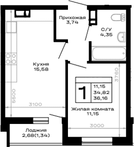 Продается 1-комн. квартира, 34.82 м²