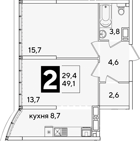 Продается 2-комн. квартира, 49.1 м²