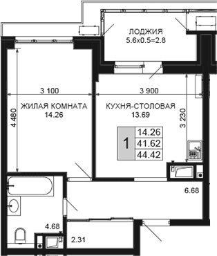 Продается 1-комн. квартира, 41.62 м²
