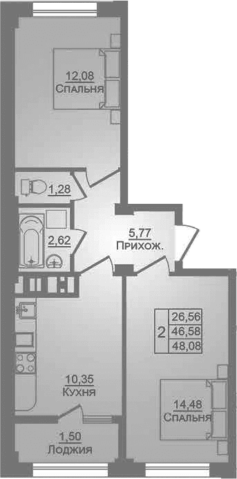 Продается 2-комн. квартира, 46.6 м²