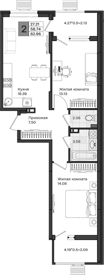 Продается 2-комн. квартира, 58.74 м²