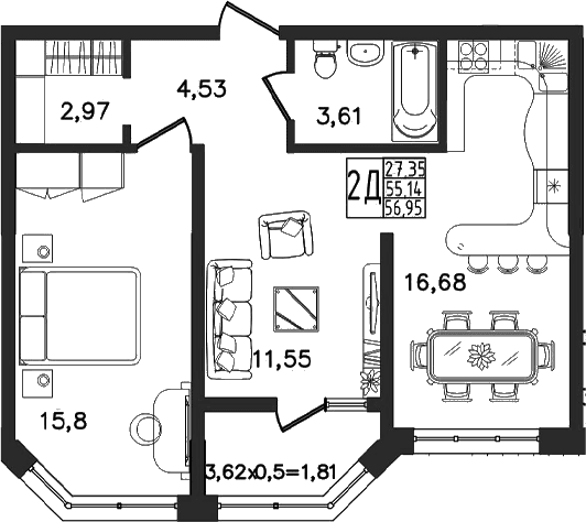 Продается 3-комн. квартира, 55.14 м²