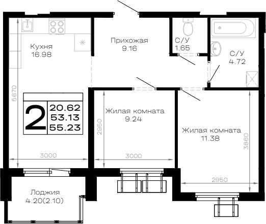 Продается 2-комн. квартира, 53.13 м²