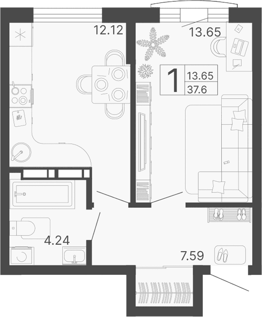 Продается 1-комн. квартира, 37.6 м²
