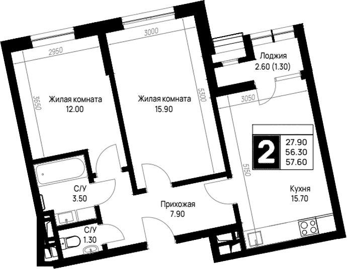 Продается 2-комн. квартира, 56.3 м²