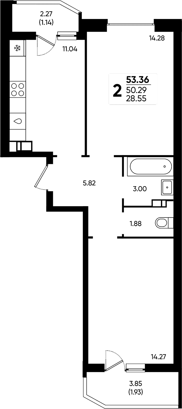 Продается 2-комн. квартира, 50.29 м²