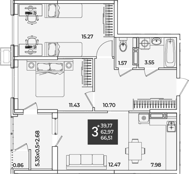 Продается 2-комн. квартира, 62.97 м²