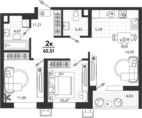 Продается 2-комн. квартира, 60.88 м²