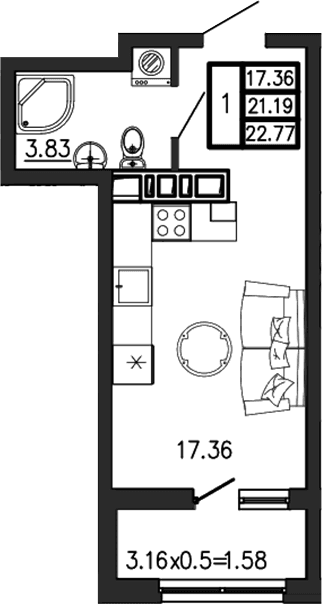 Продается 1-комн. квартира, 21.19 м²