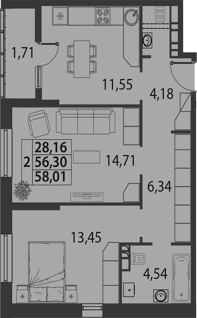 Продается 2-комн. квартира, 56.3 м²