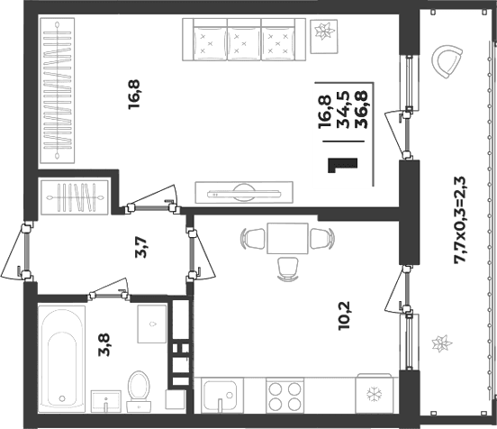Продается 1-комн. квартира, 34.5 м²