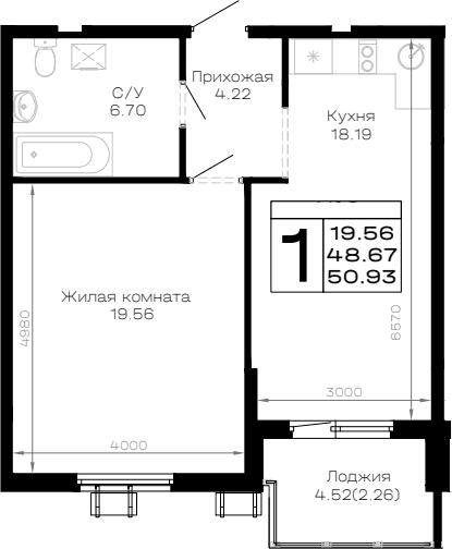 Продается 1-комн. квартира, 48.67 м²