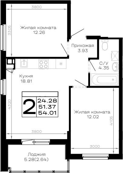 Продается 2-комн. квартира, 51.37 м²
