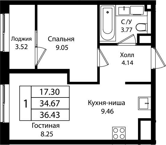 Продается 2-комн. квартира, 34.44 м²