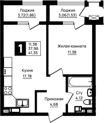 Продается 1-комн. квартира, 37.96 м²