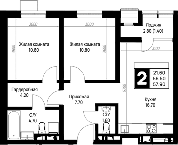 Продается 2-комн. квартира, 56.5 м²