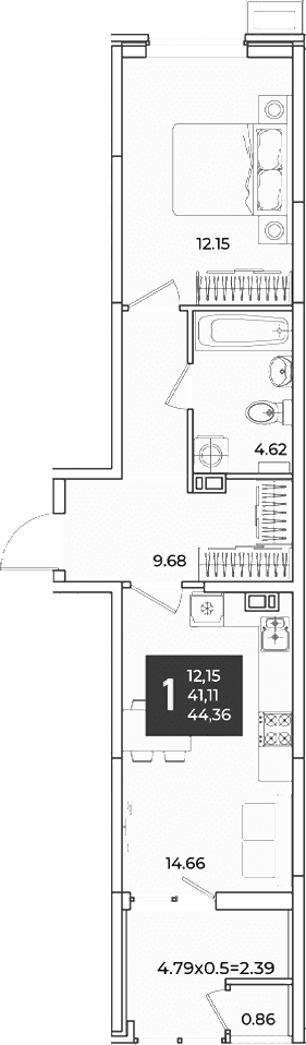 Продается 1-комн. квартира, 41.11 м²