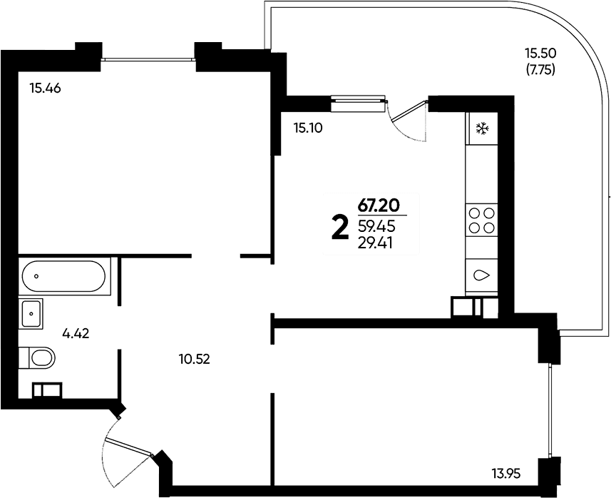 Продается 2-комн. квартира, 59.45 м²