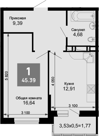 Продается 1-комн. квартира, 43.62 м²