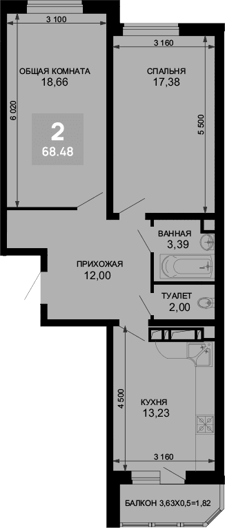 Продается 2-комн. квартира, 66.66 м²