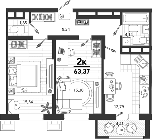 Продается 2-комн. квартира, 58.96 м²