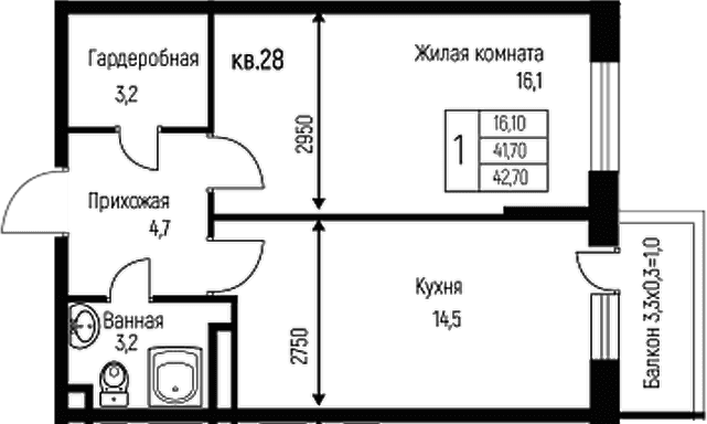 Продается 1-комн. квартира, 41.7 м²