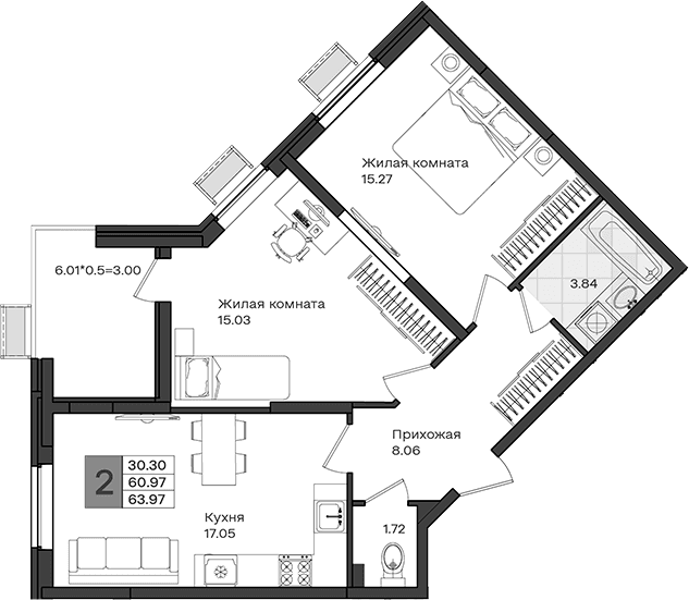 Продается 2-комн. квартира, 60.97 м²