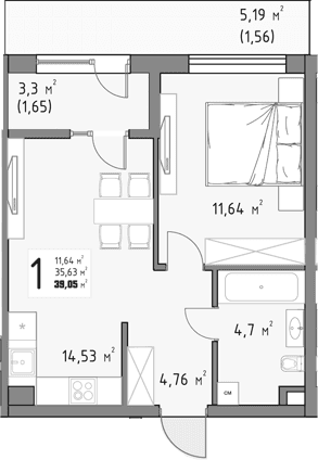 Продается 1-комн. квартира, 35.84 м²