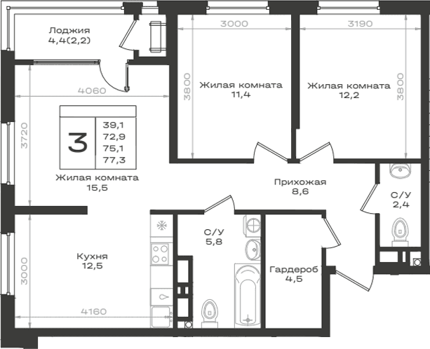 Продается 3-комн. квартира, 72.9 м²