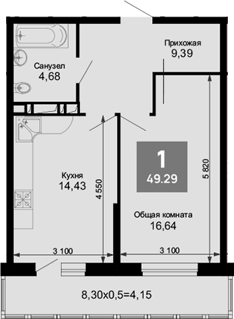 Продается 1-комн. квартира, 45.14 м²