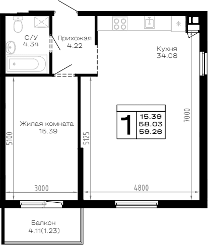 Продается 1-комн. квартира, 58.03 м²