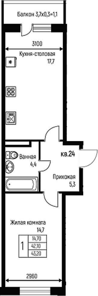 Продается 2-комн. квартира, 42.1 м²