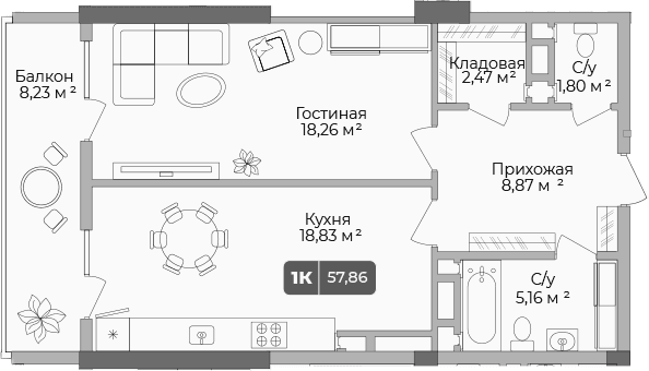 Продается 1-комн. квартира, 55.39 м²