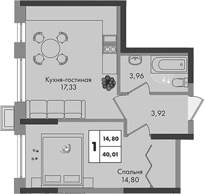 Продается 1-комн. квартира, 40.01 м²