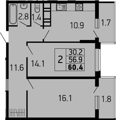 Продается 2-комн. квартира, 56.9 м²