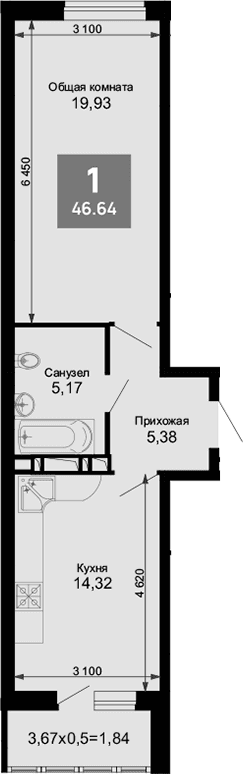 Продается 1-комн. квартира, 45.27 м²