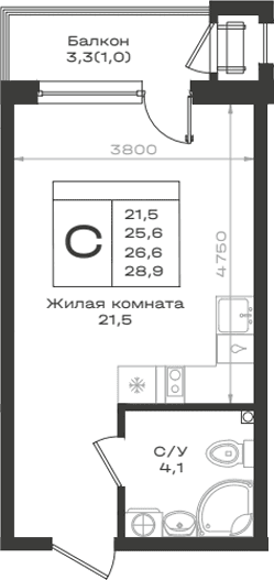 Продается 1-комн. квартира, 25.6 м²