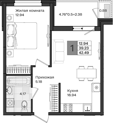 Продается 1-комн. квартира, 39.23 м²