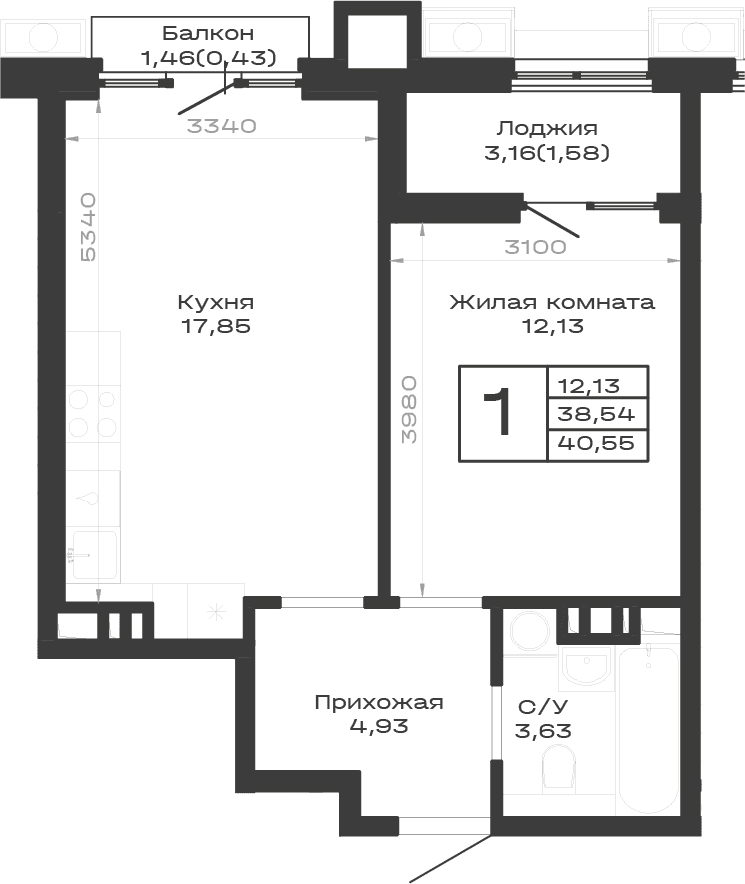 Продается 1-комн. квартира, 38.54 м²