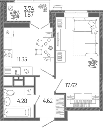 Продается 1-комн. квартира, 37.87 м²