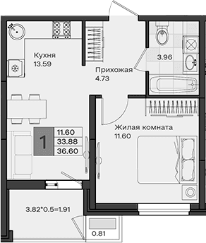 Продается 1-комн. квартира, 33.88 м²