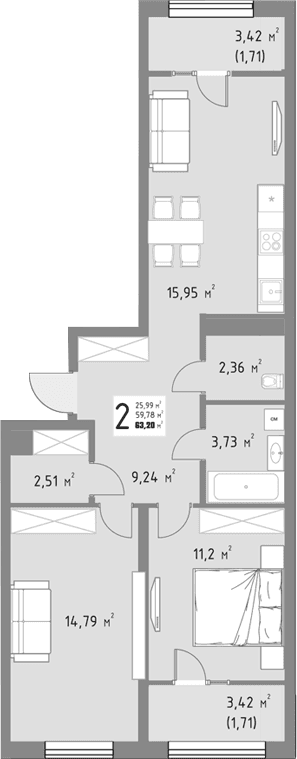 Продается 2-комн. квартира, 59.78 м²