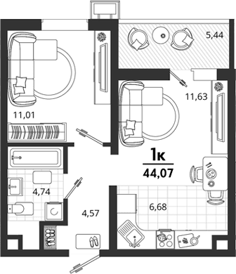 Продается 1-комн. квартира, 38.63 м²