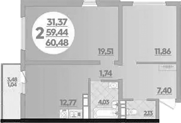 Продается 2-комн. квартира, 59.44 м²