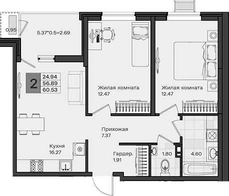Продается 2-комн. квартира, 56.89 м²